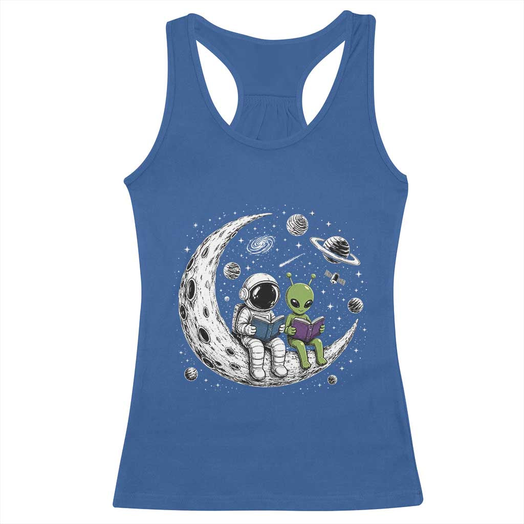 Funny Bookworm In Space Racerback Tank Top Cute Astronaut And Alien Reading