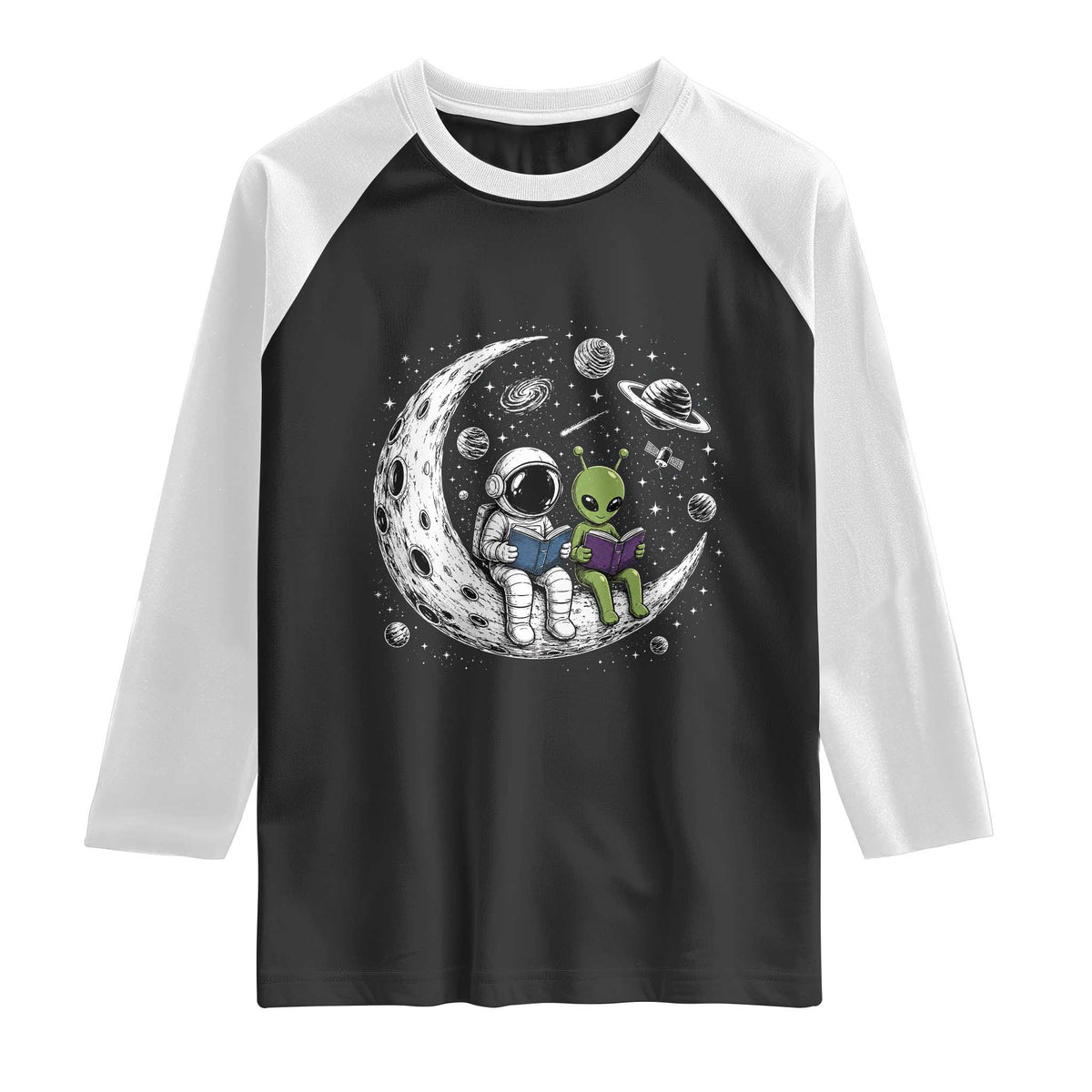 Funny Bookworm In Space Raglan Shirt Cute Astronaut And Alien Reading