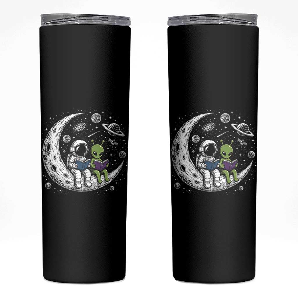Funny Bookworm In Space Skinny Tumbler Cute Astronaut And Alien Reading