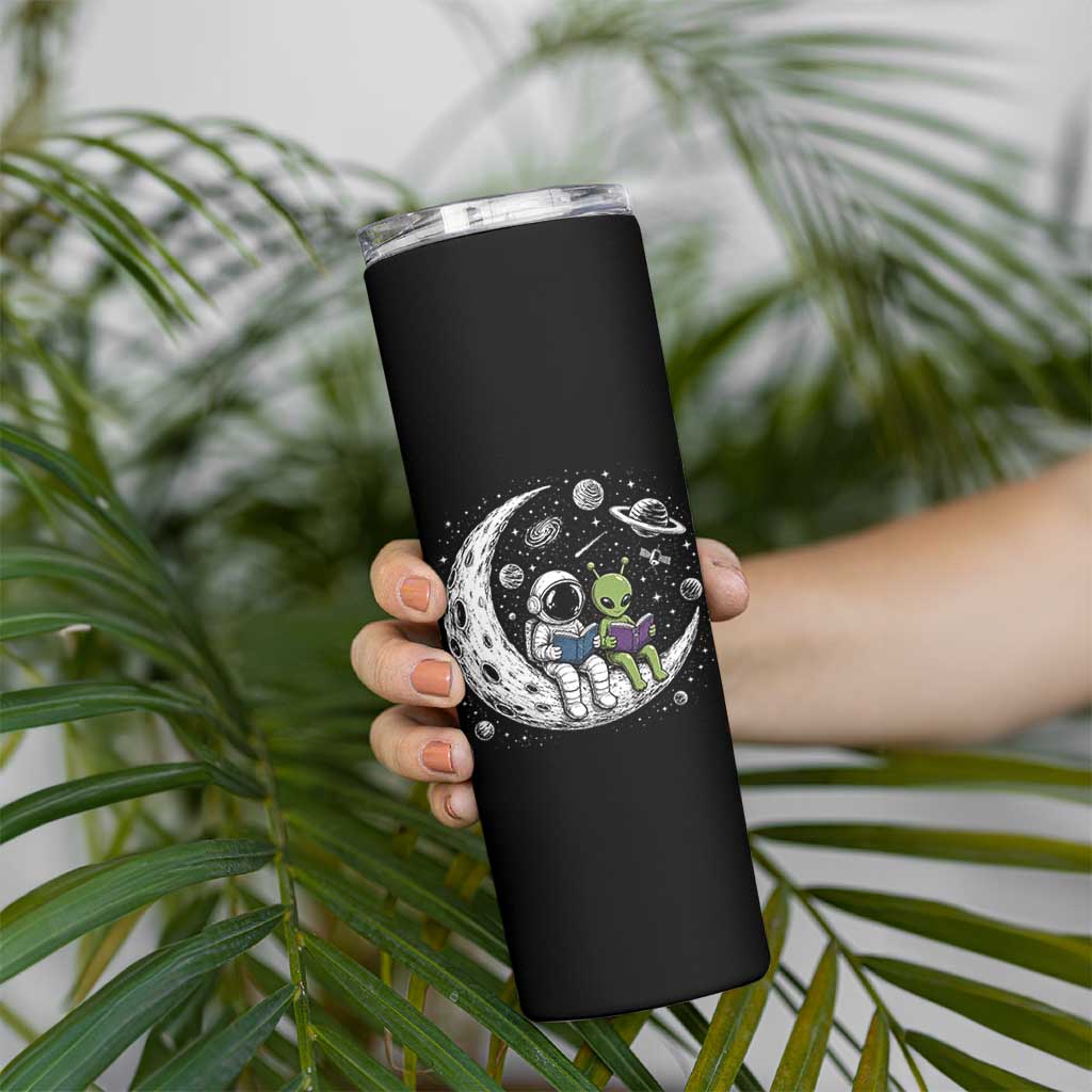 Funny Bookworm In Space Skinny Tumbler Cute Astronaut And Alien Reading