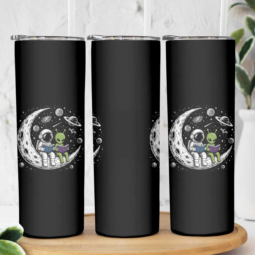 Funny Bookworm In Space Skinny Tumbler Cute Astronaut And Alien Reading
