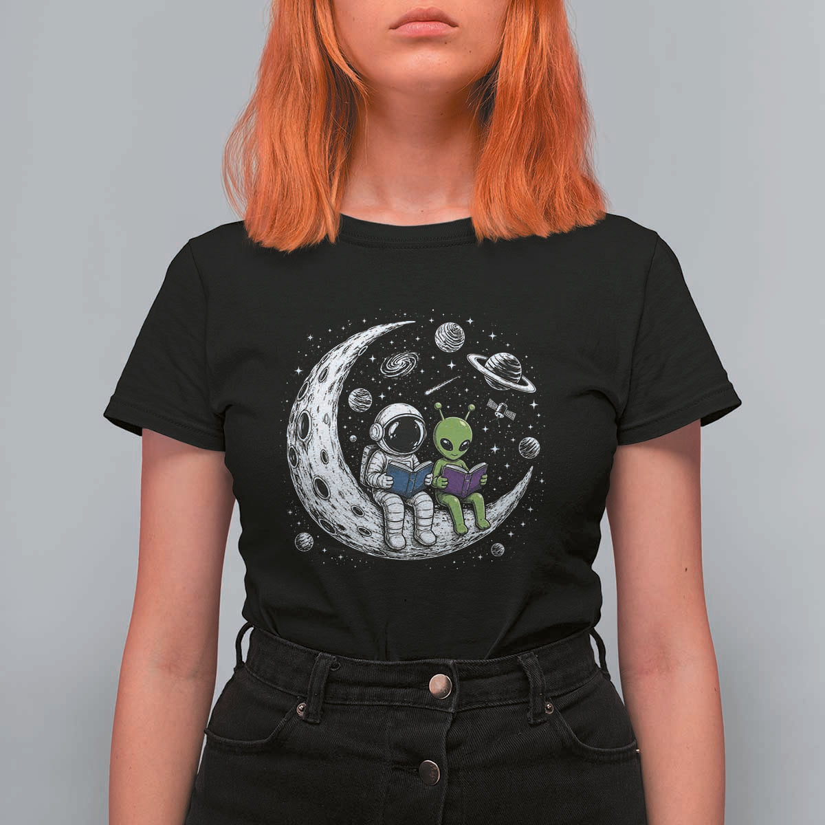 Funny Bookworm In Space T Shirt For Women Cute Astronaut And Alien Reading