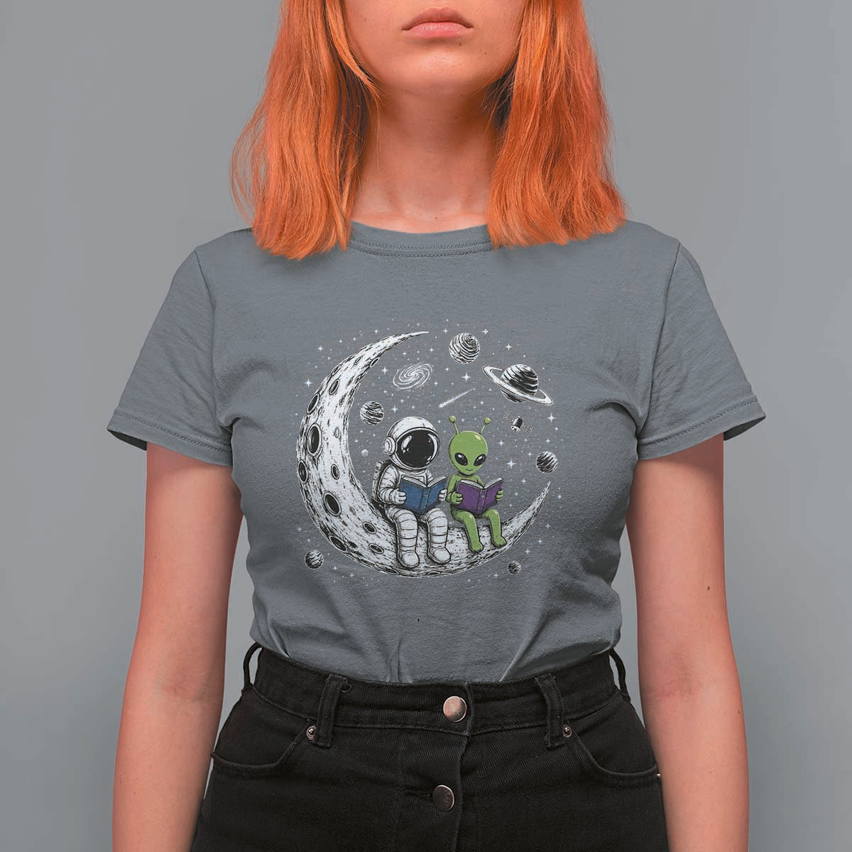 Funny Bookworm In Space T Shirt For Women Cute Astronaut And Alien Reading