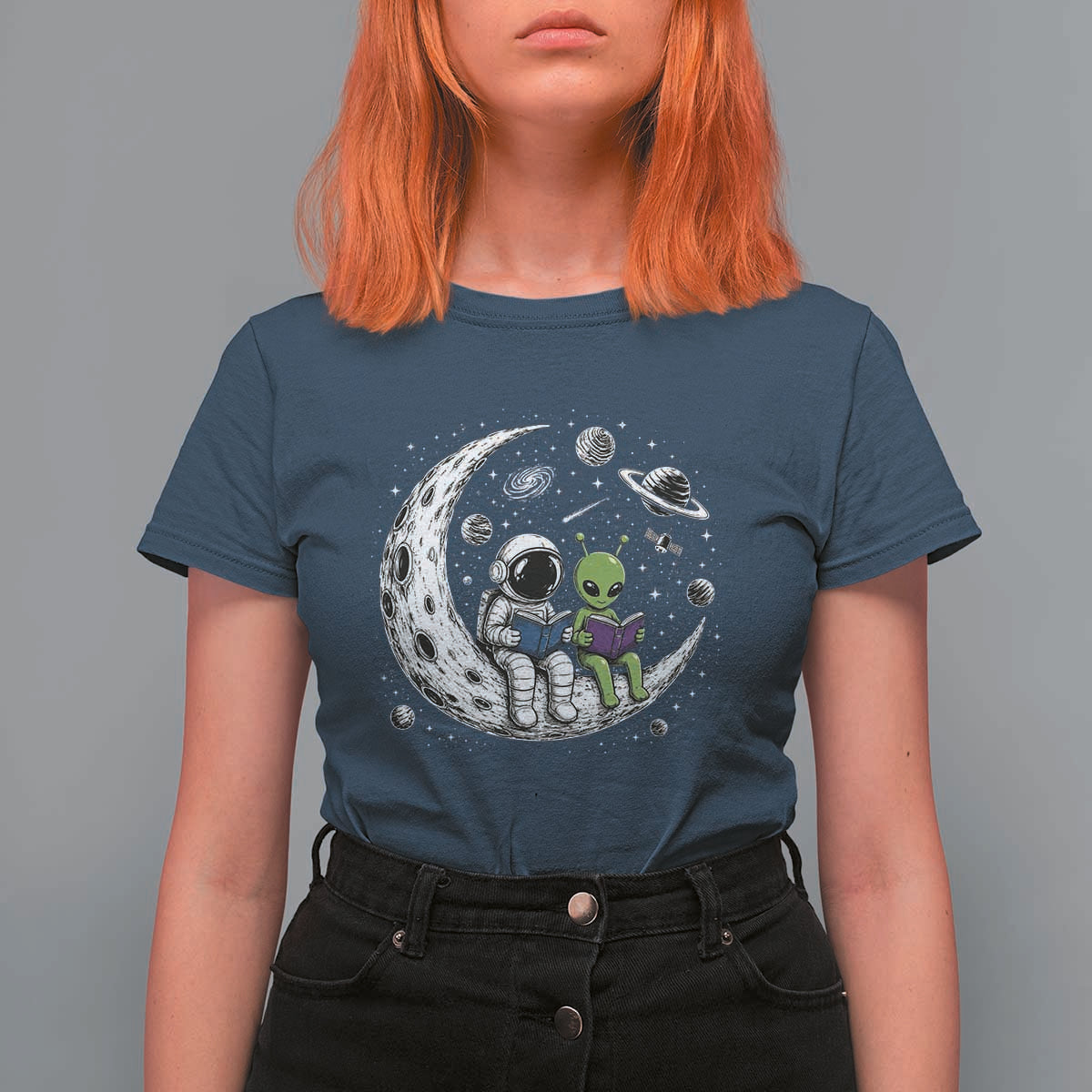 Funny Bookworm In Space T Shirt For Women Cute Astronaut And Alien Reading