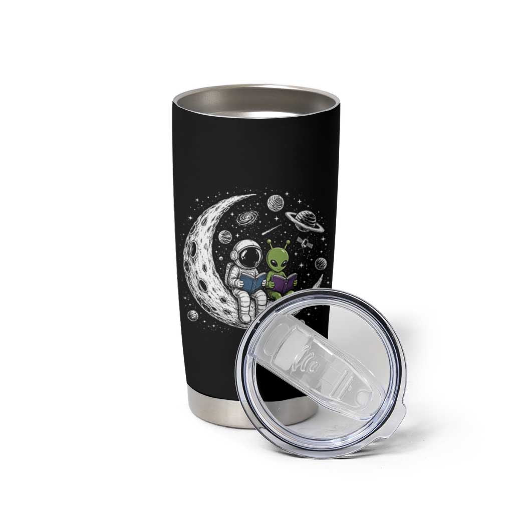 Funny Bookworm In Space Tumbler Cup Cute Astronaut And Alien Reading