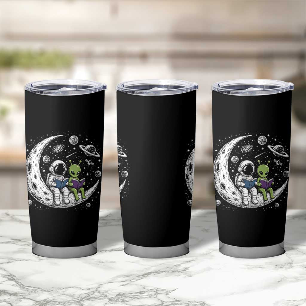 Funny Bookworm In Space Tumbler Cup Cute Astronaut And Alien Reading
