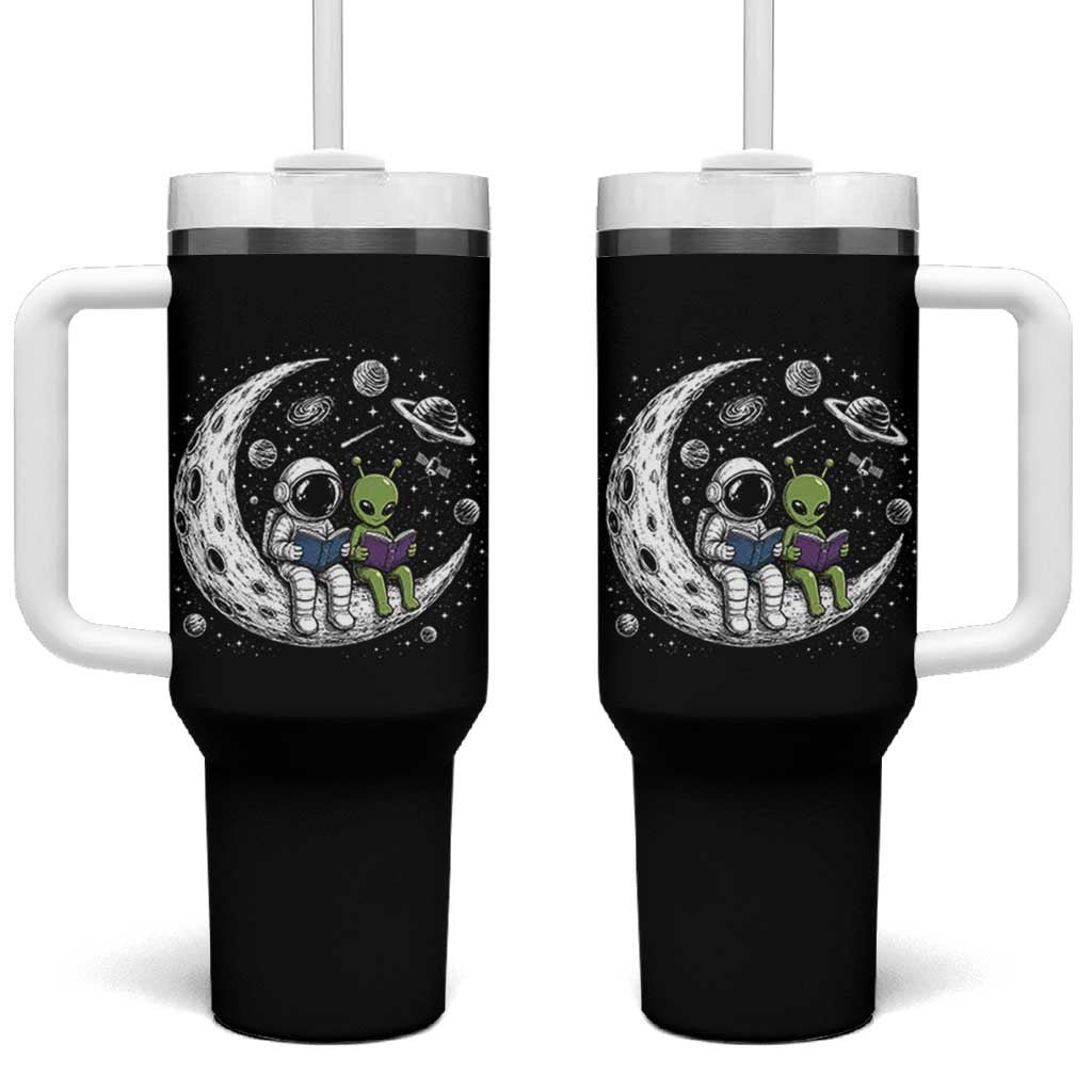Funny Bookworm In Space Tumbler With Handle Cute Astronaut And Alien Reading