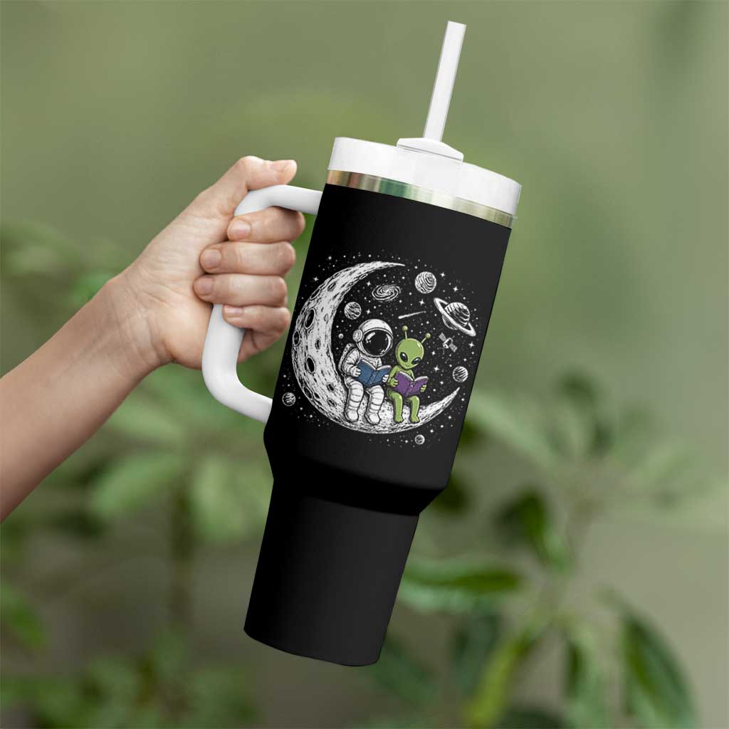 Funny Bookworm In Space Tumbler With Handle Cute Astronaut And Alien Reading