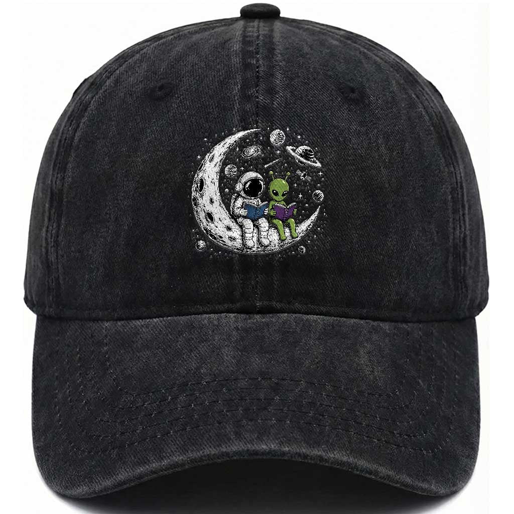 Funny Bookworm In Space Washed Cotton Baseball Cap Cute Astronaut And Alien Reading