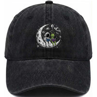 Funny Bookworm In Space Washed Cotton Baseball Cap Cute Astronaut And Alien Reading