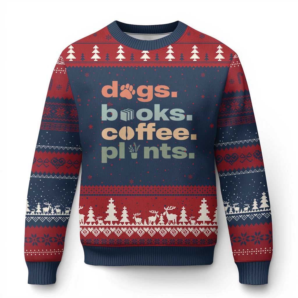 Funny Introvert Life Lover Ugly Christmas Sweater Dogs Books Coffee And Plants