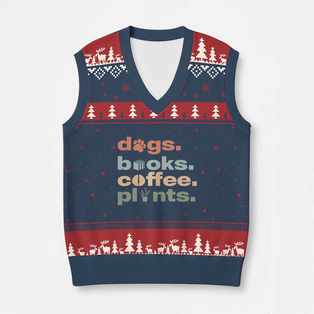 Funny Introvert Life Lover V-Neck Knit Sweater Vest Dogs Books Coffee And Plants