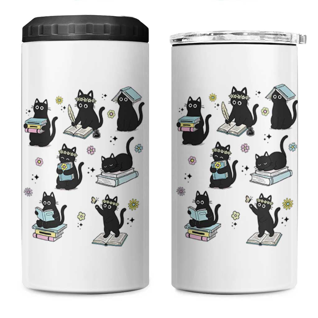 Bookish Black Cat 4 in 1 Can Cooler Tumbler Funny Librarian Cat Lover Gift