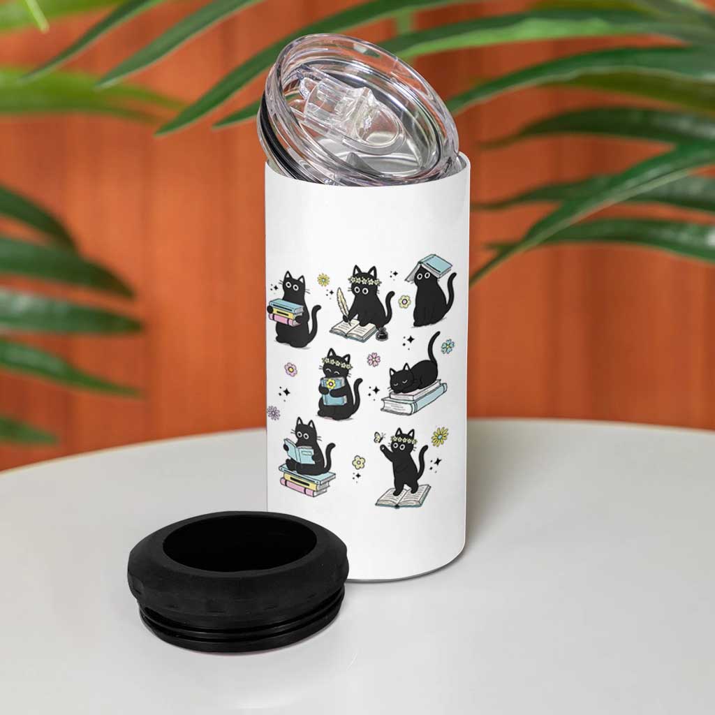 Bookish Black Cat 4 in 1 Can Cooler Tumbler Funny Librarian Cat Lover Gift