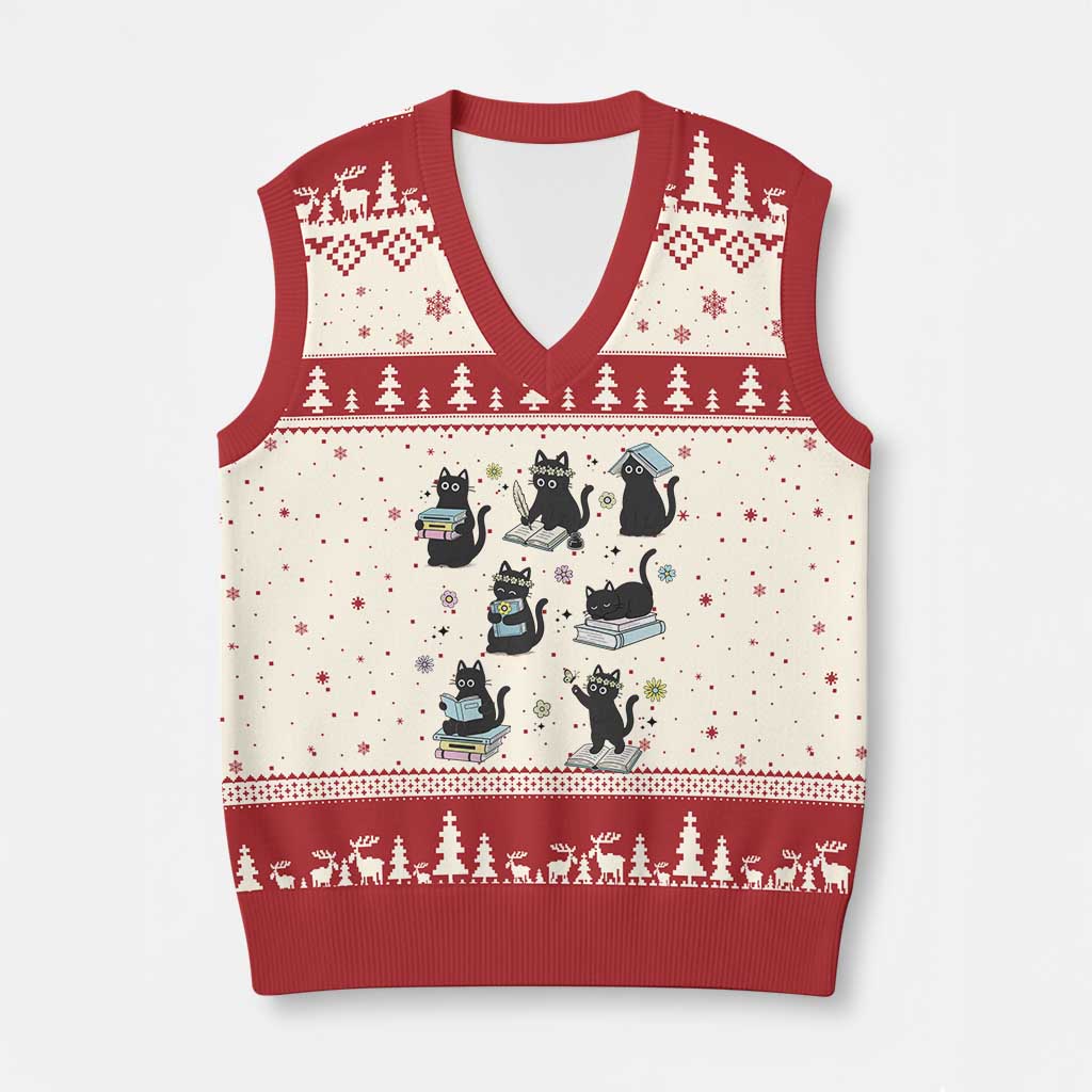 Bookish Black Cat V-Neck Knit Sweater Vest Funny Librarian Cat Lover Gift