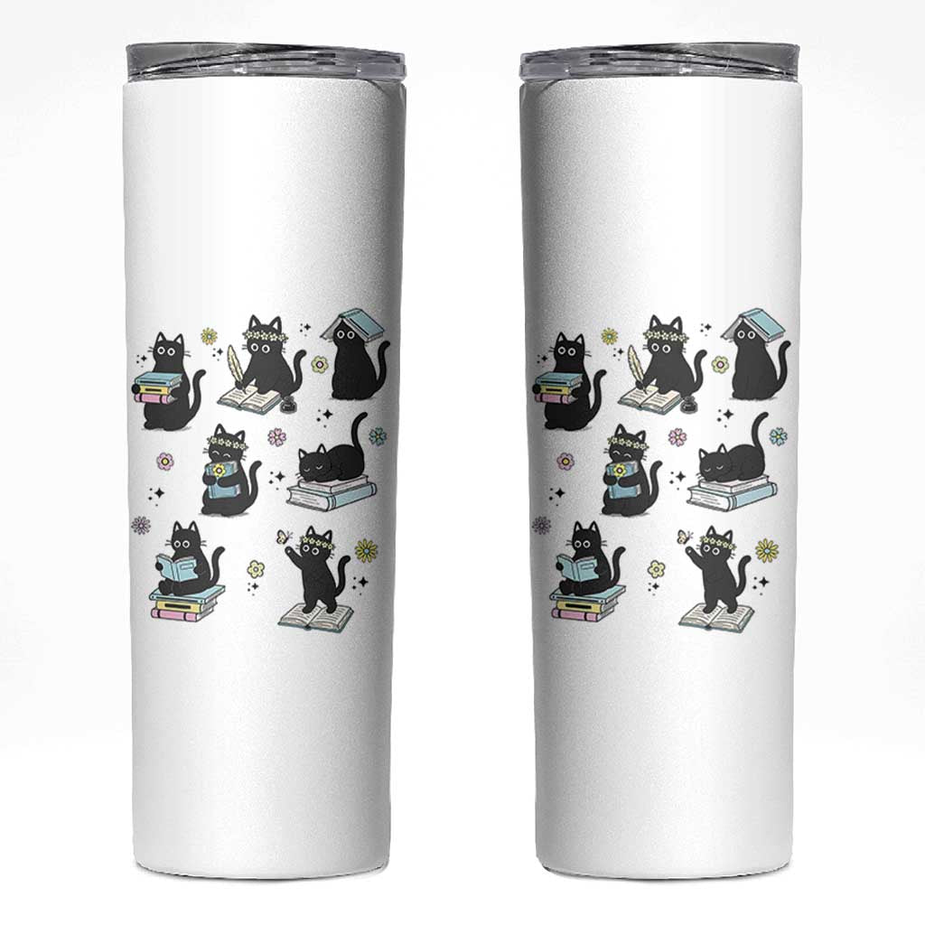 Bookish Black Cat Skinny Tumbler Funny Librarian Cat Lover Gift