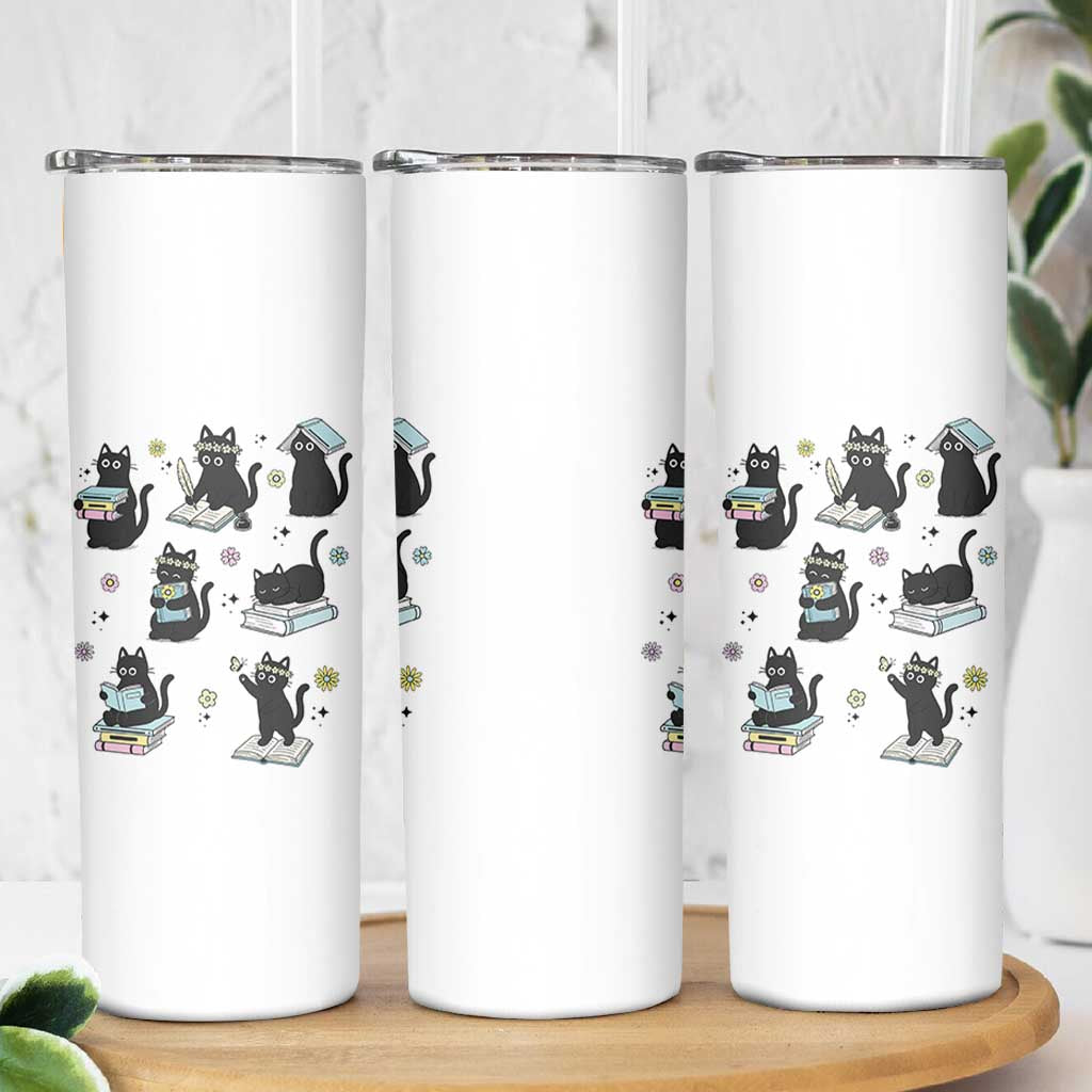 Bookish Black Cat Skinny Tumbler Funny Librarian Cat Lover Gift