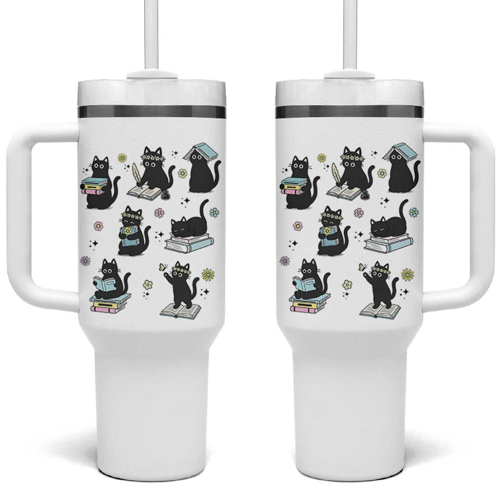 Bookish Black Cat Tumbler With Handle Funny Librarian Cat Lover Gift