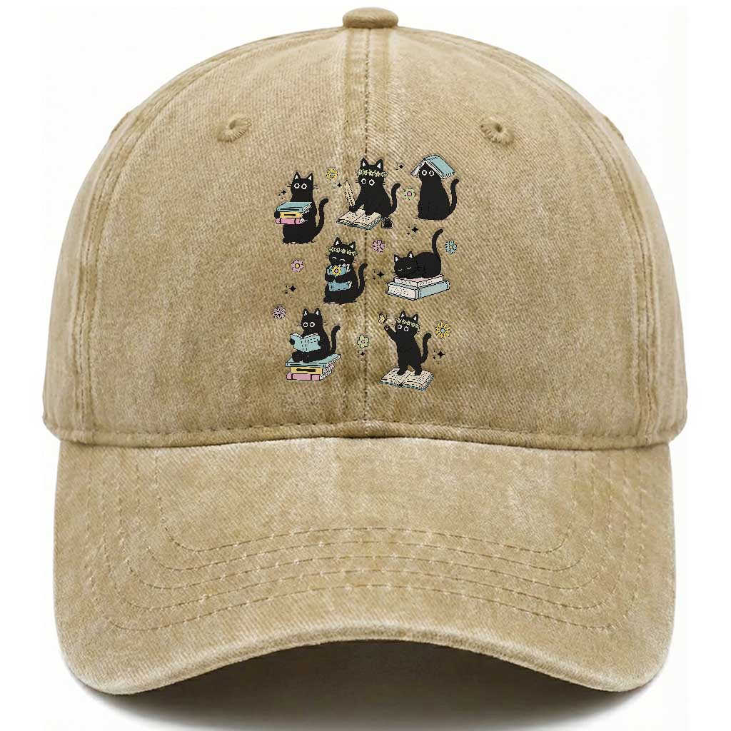 Bookish Black Cat Washed Cotton Baseball Cap Funny Librarian Cat Lover Gift