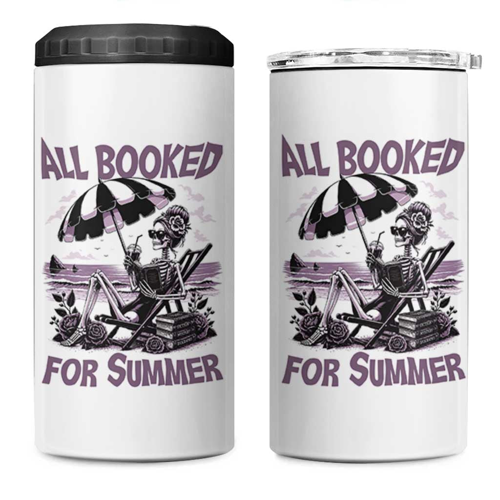 Funny Skeleton Reading At The Beach 4 in 1 Can Cooler Tumbler All Booked For Summer
