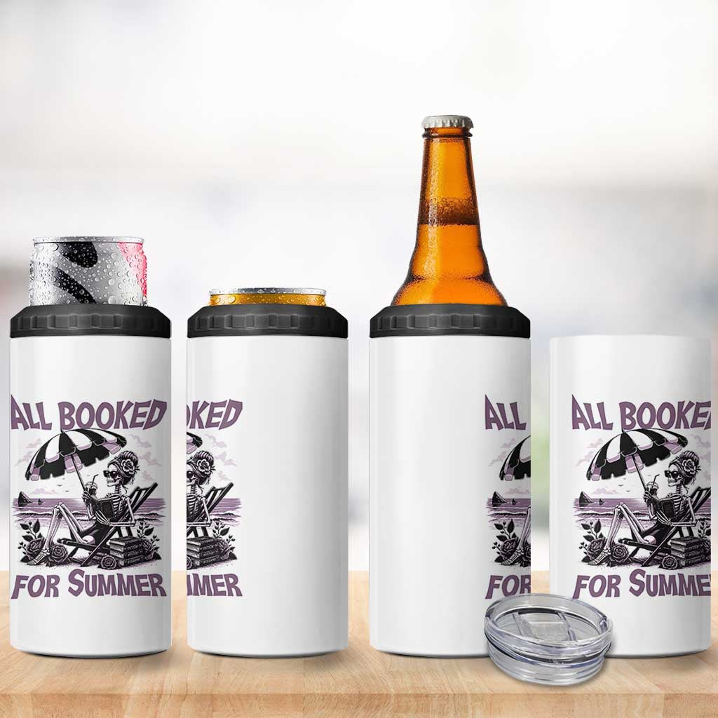 Funny Skeleton Reading At The Beach 4 in 1 Can Cooler Tumbler All Booked For Summer