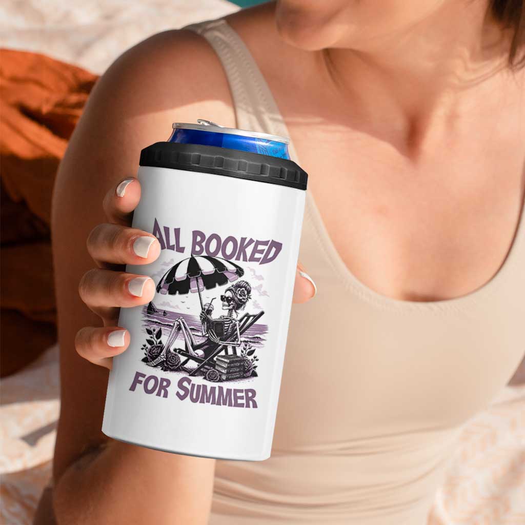 Funny Skeleton Reading At The Beach 4 in 1 Can Cooler Tumbler All Booked For Summer
