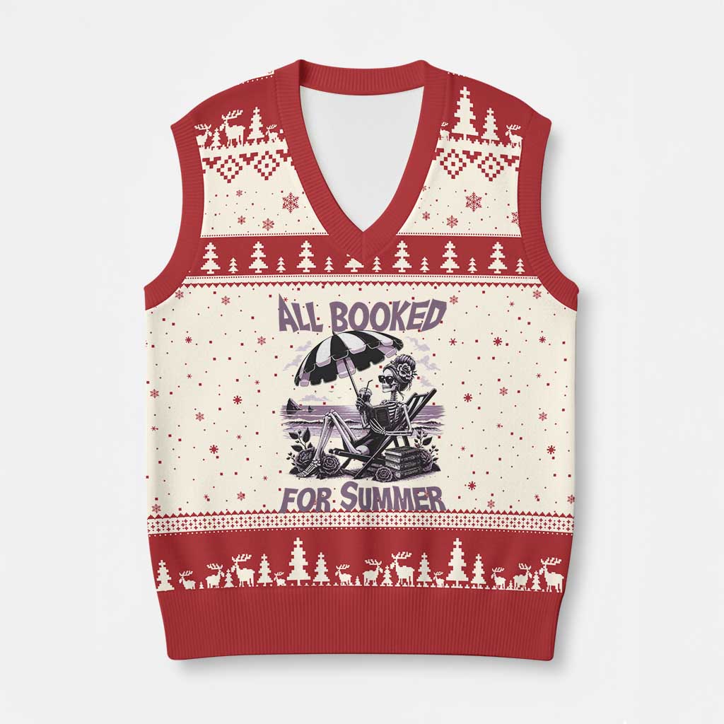 Funny Skeleton Reading At The Beach V-Neck Knit Sweater Vest All Booked For Summer