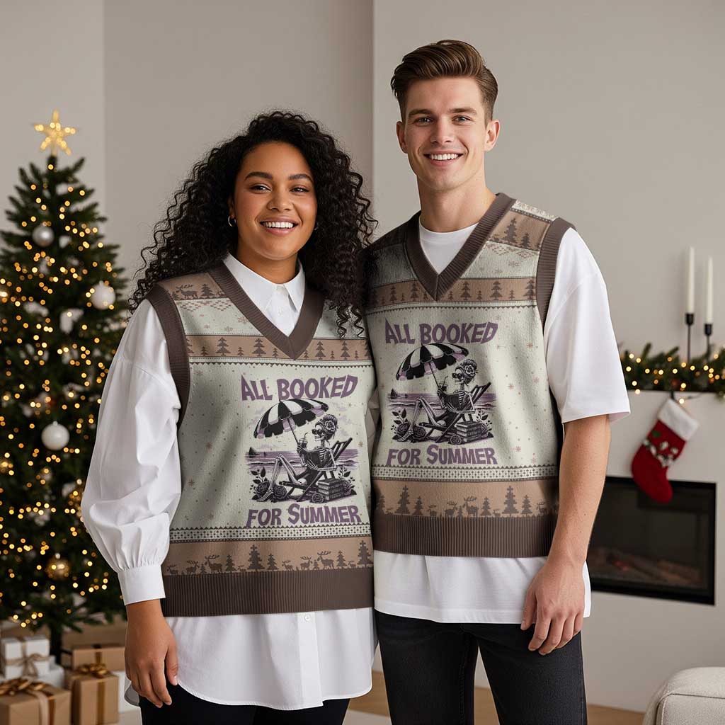 Funny Skeleton Reading At The Beach V-Neck Knit Sweater Vest All Booked For Summer