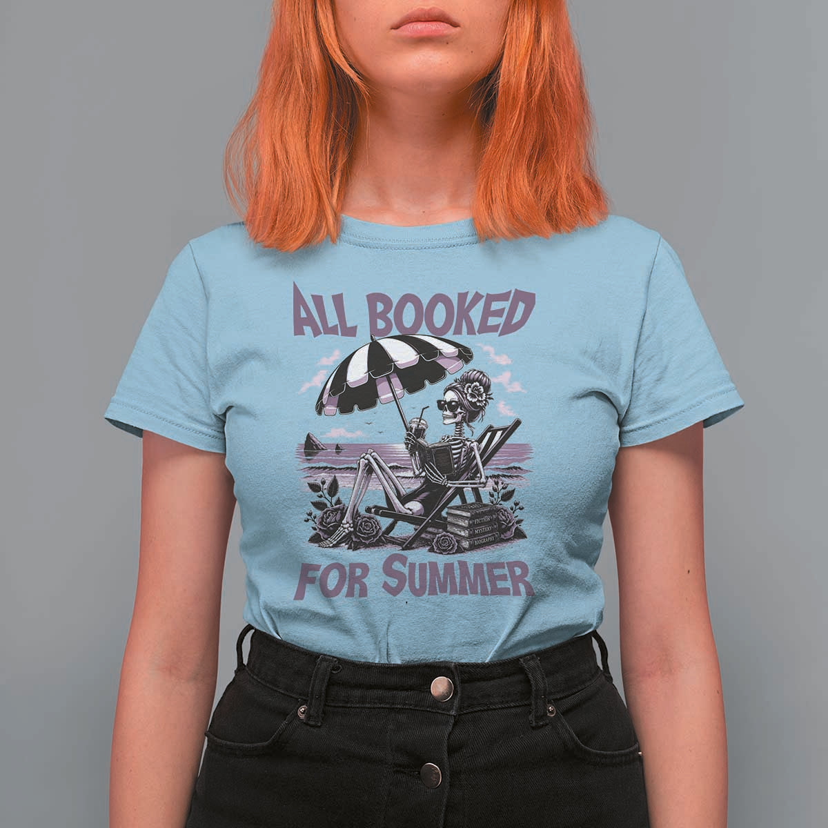 Funny Skeleton Reading At The Beach T Shirt For Women All Booked For Summer