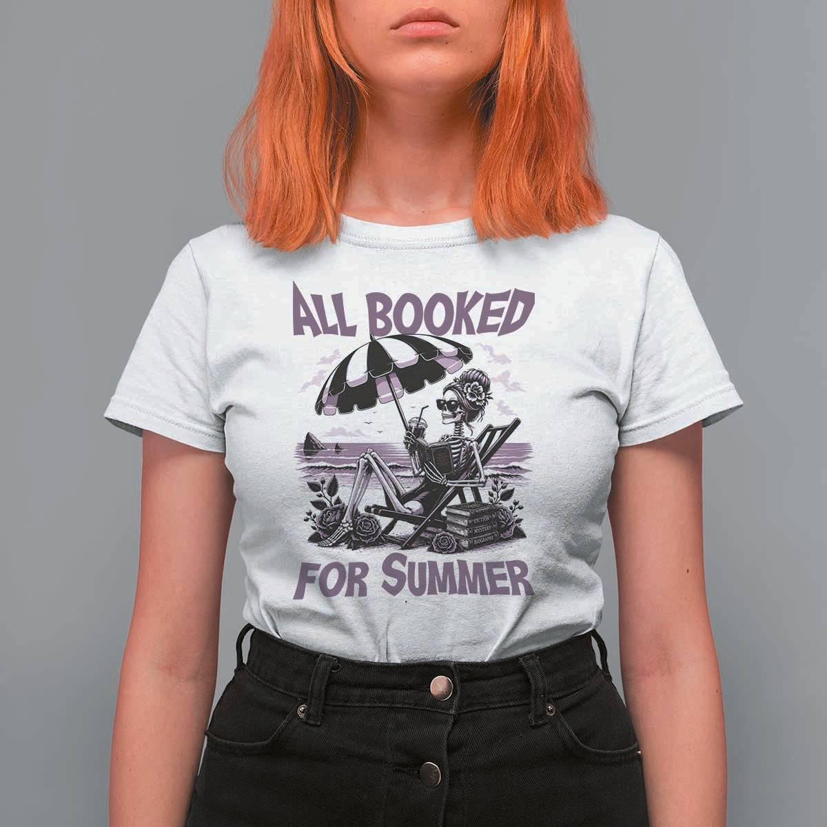 Funny Skeleton Reading At The Beach T Shirt For Women All Booked For Summer