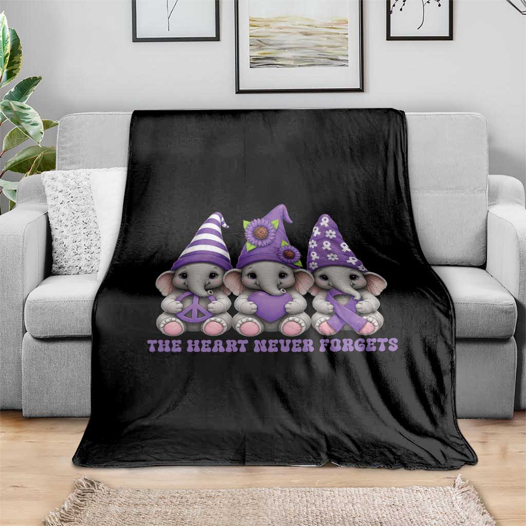 Cute Elephant Gnome Purple Ribbon Alzheimer's Support Throw Blanket The Heart Never Forgets