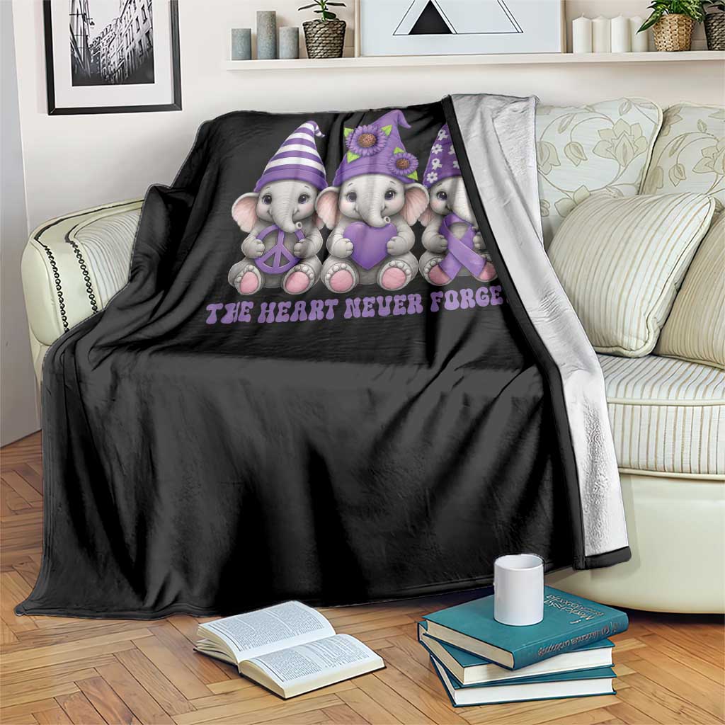Cute Elephant Gnome Purple Ribbon Alzheimer's Support Throw Blanket The Heart Never Forgets