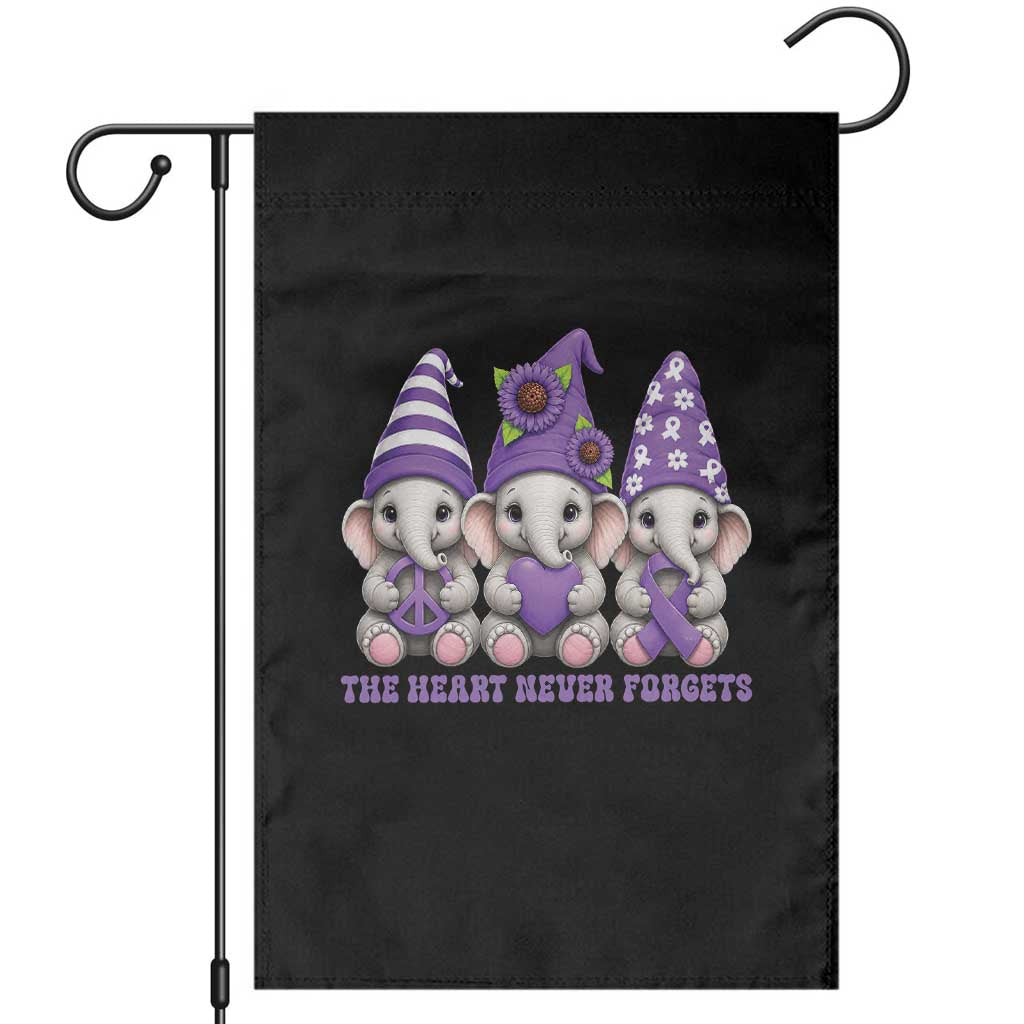 Cute Elephant Gnome Purple Ribbon Alzheimer's Support Garden Flag The Heart Never Forgets