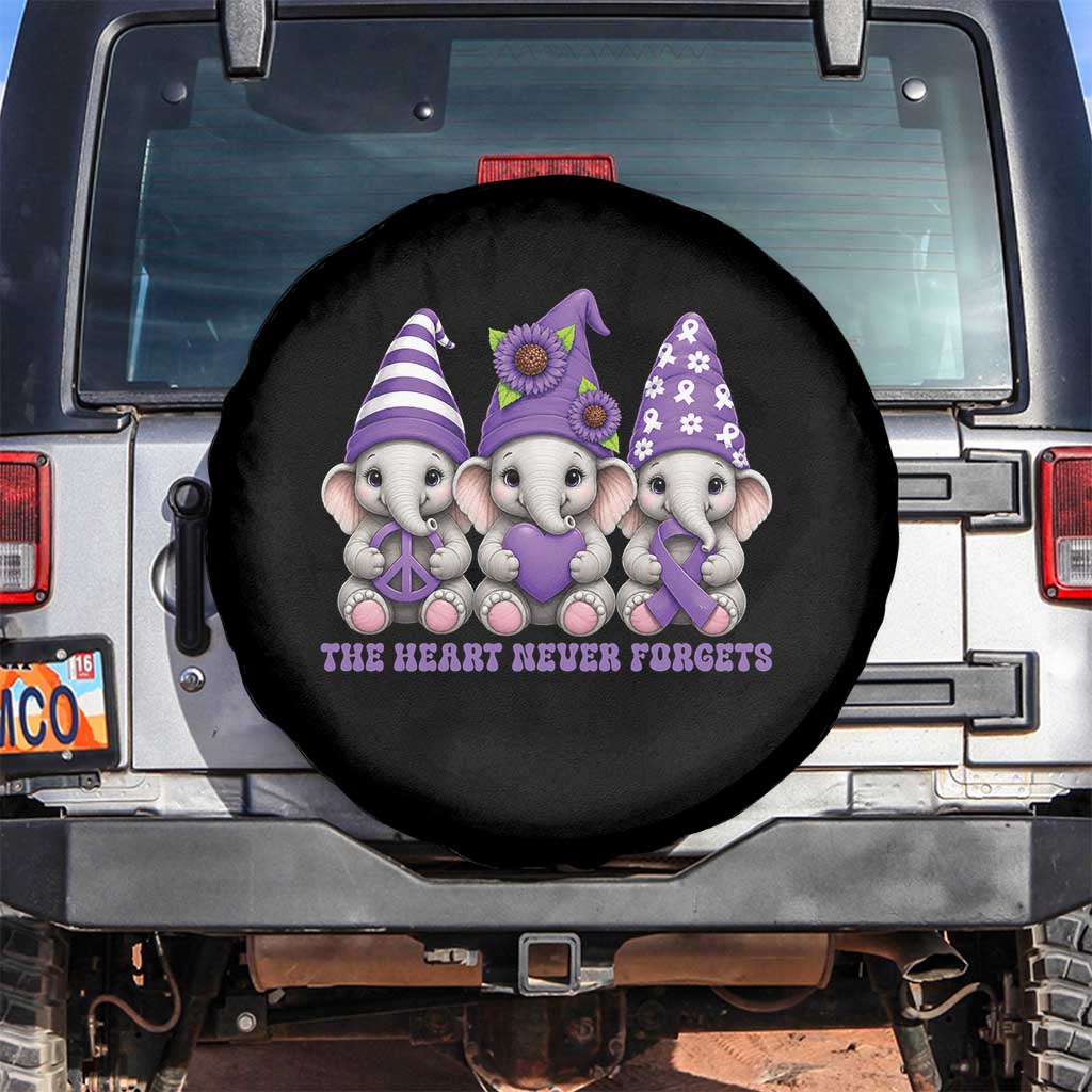 Cute Elephant Gnome Purple Ribbon Alzheimer's Support Spare Tire Cover The Heart Never Forgets