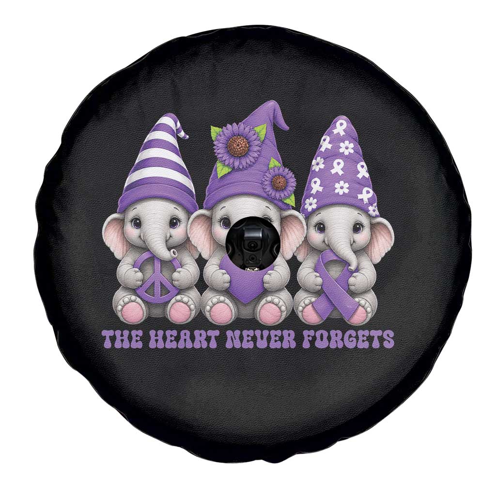 Cute Elephant Gnome Purple Ribbon Alzheimer's Support Spare Tire Cover The Heart Never Forgets