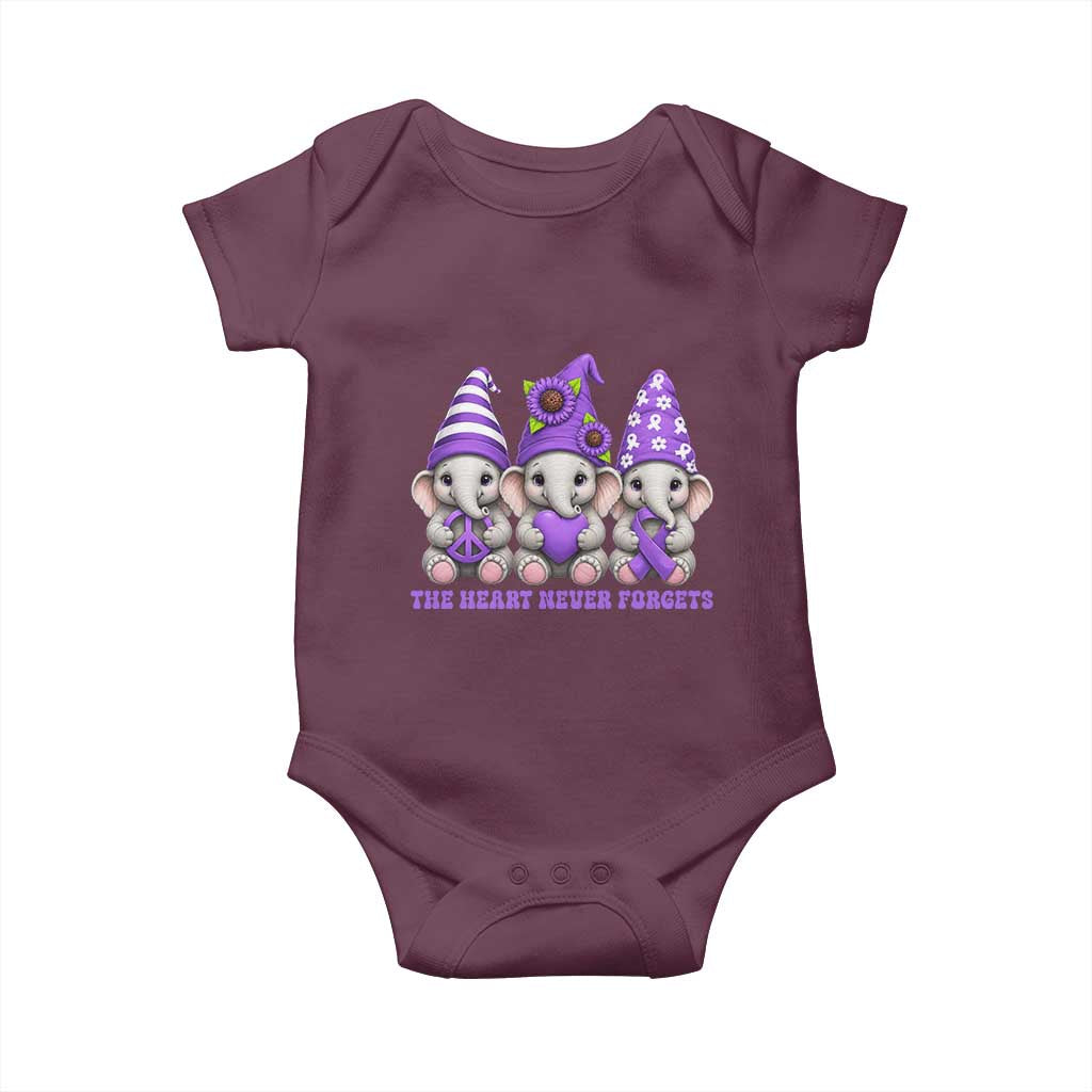 Cute Elephant Gnome Purple Ribbon Alzheimer's Support Baby Onesie The Heart Never Forgets