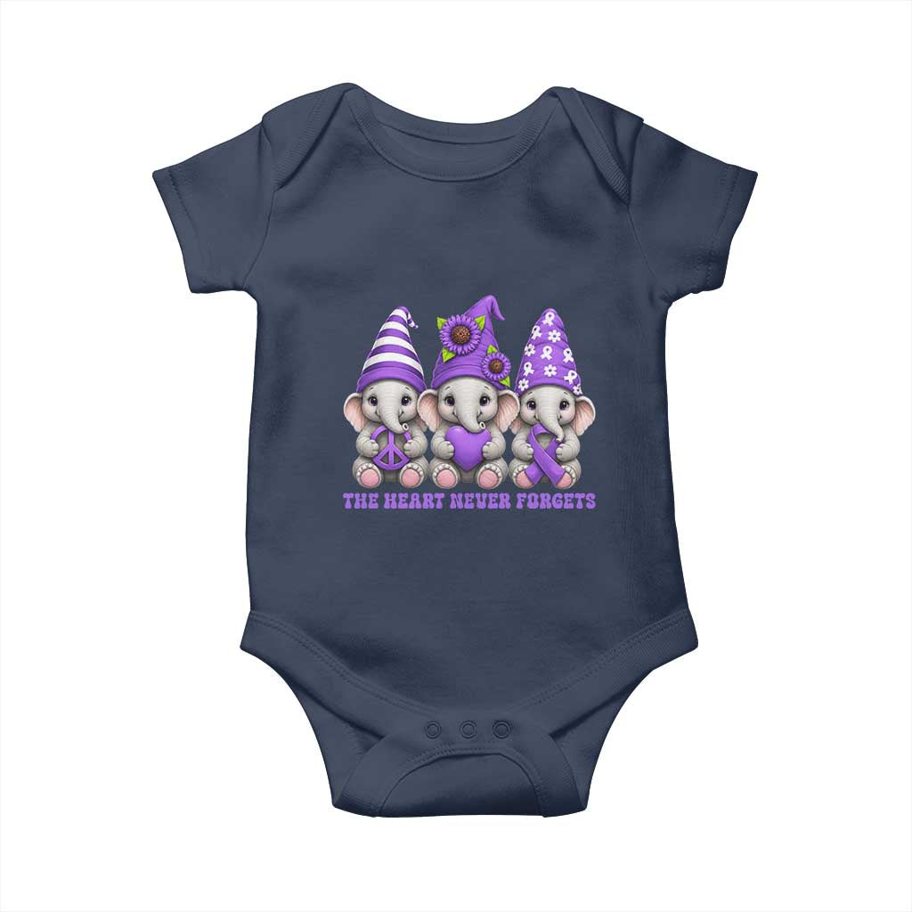 Cute Elephant Gnome Purple Ribbon Alzheimer's Support Baby Onesie The Heart Never Forgets