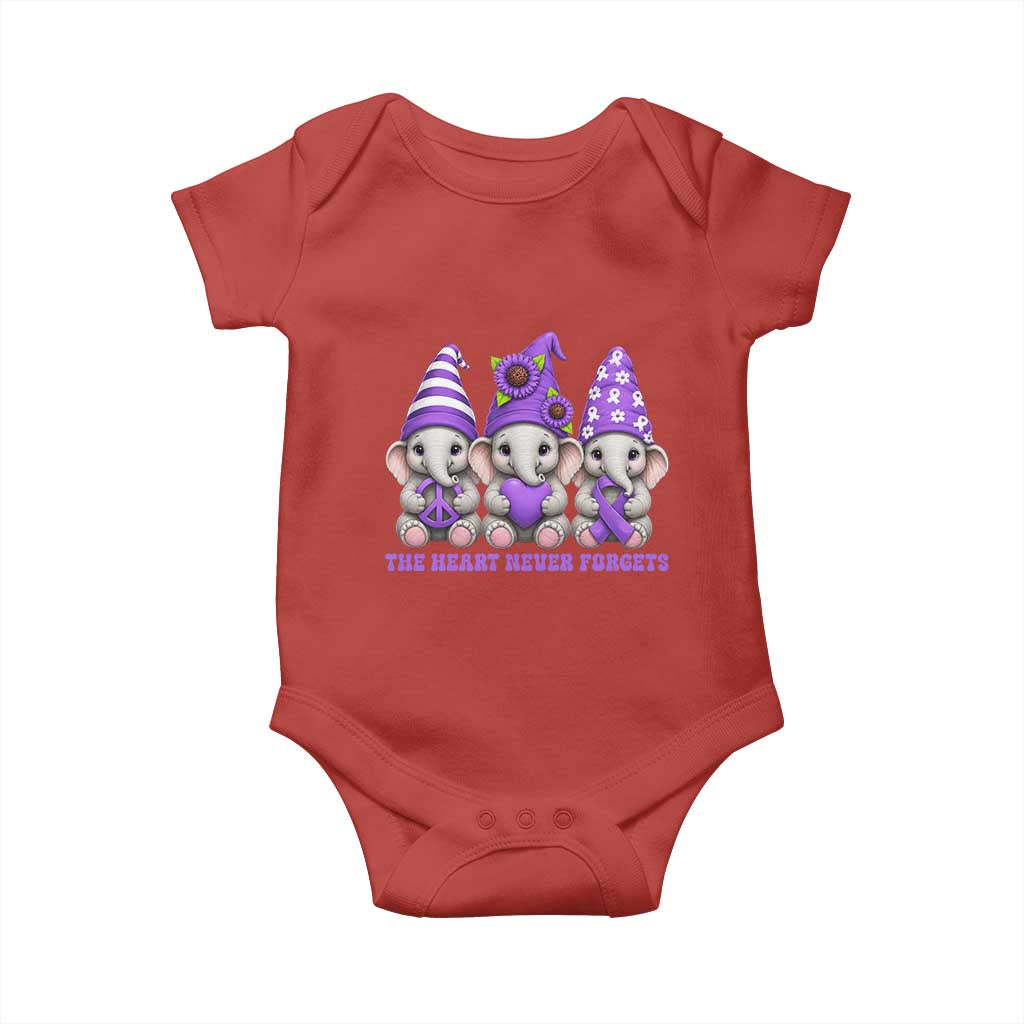Cute Elephant Gnome Purple Ribbon Alzheimer's Support Baby Onesie The Heart Never Forgets