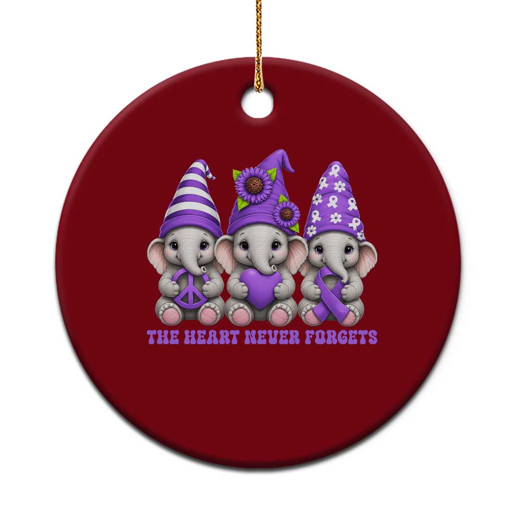 Cute Elephant Gnome Purple Ribbon Alzheimer's Support Ceramic Ornament The Heart Never Forgets