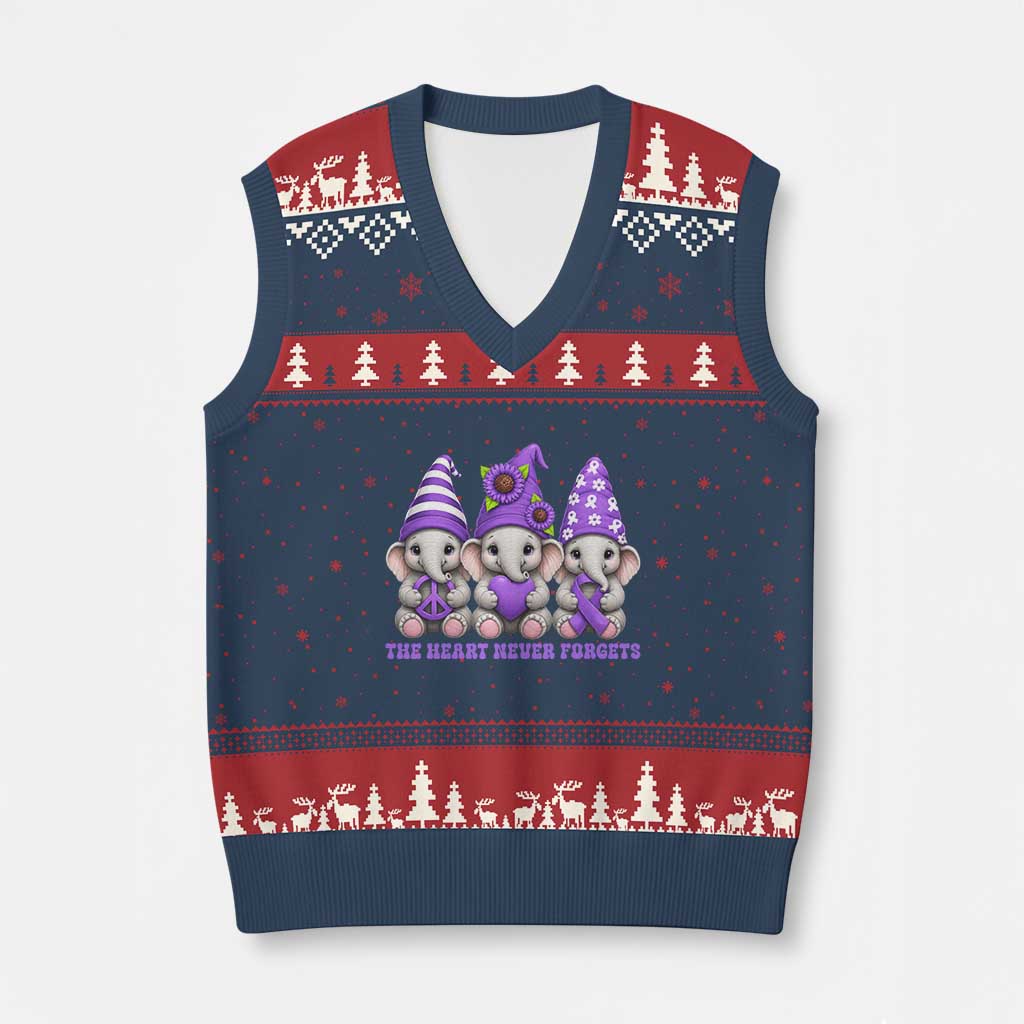 Cute Elephant Gnome Purple Ribbon Alzheimer's Support V-Neck Knit Sweater Vest The Heart Never Forgets