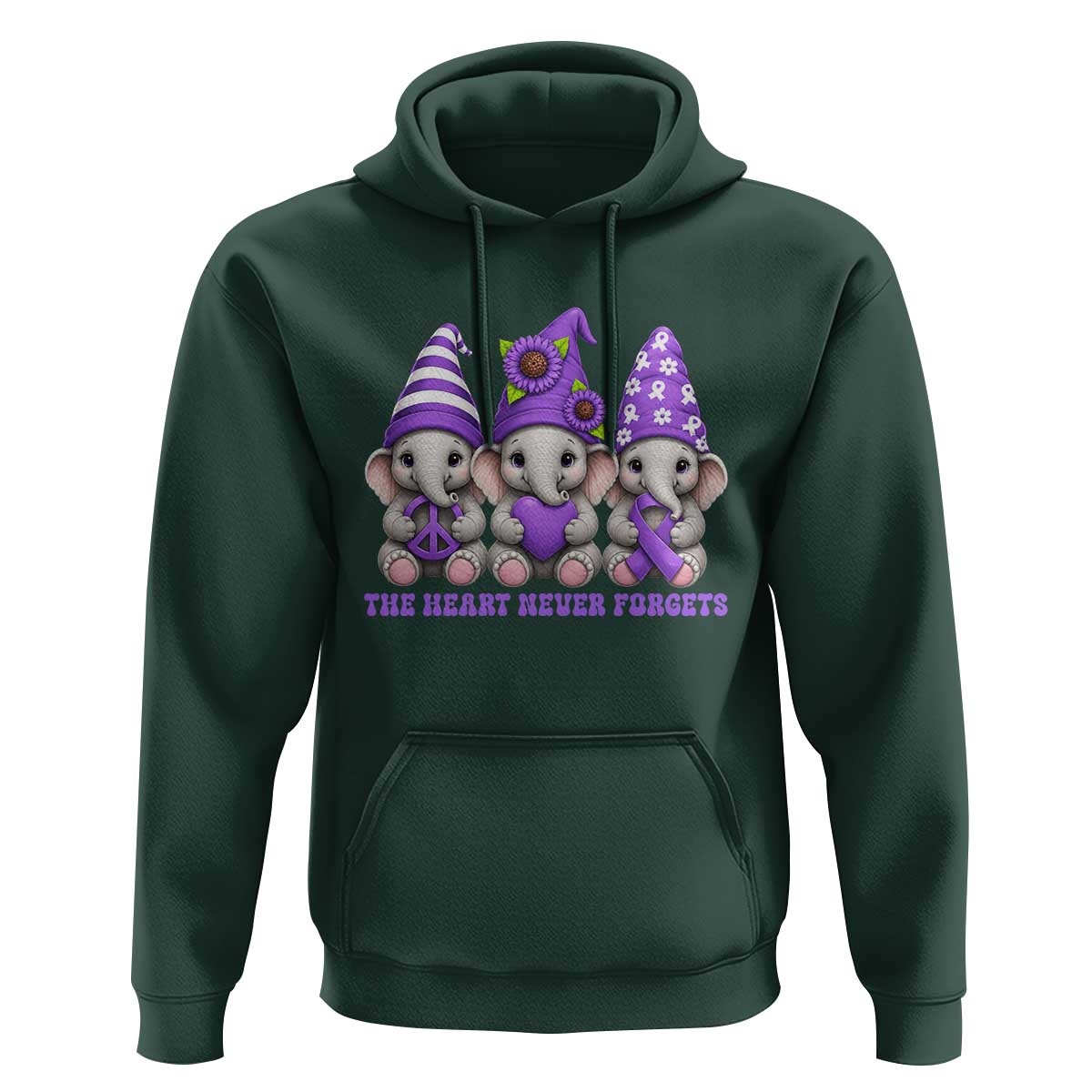 Cute Elephant Gnome Purple Ribbon Alzheimer's Support Hoodie The Heart Never Forgets