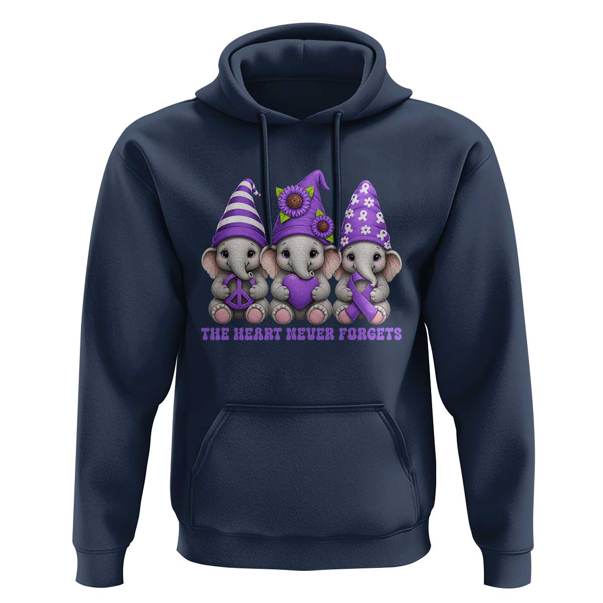 Cute Elephant Gnome Purple Ribbon Alzheimer's Support Hoodie The Heart Never Forgets