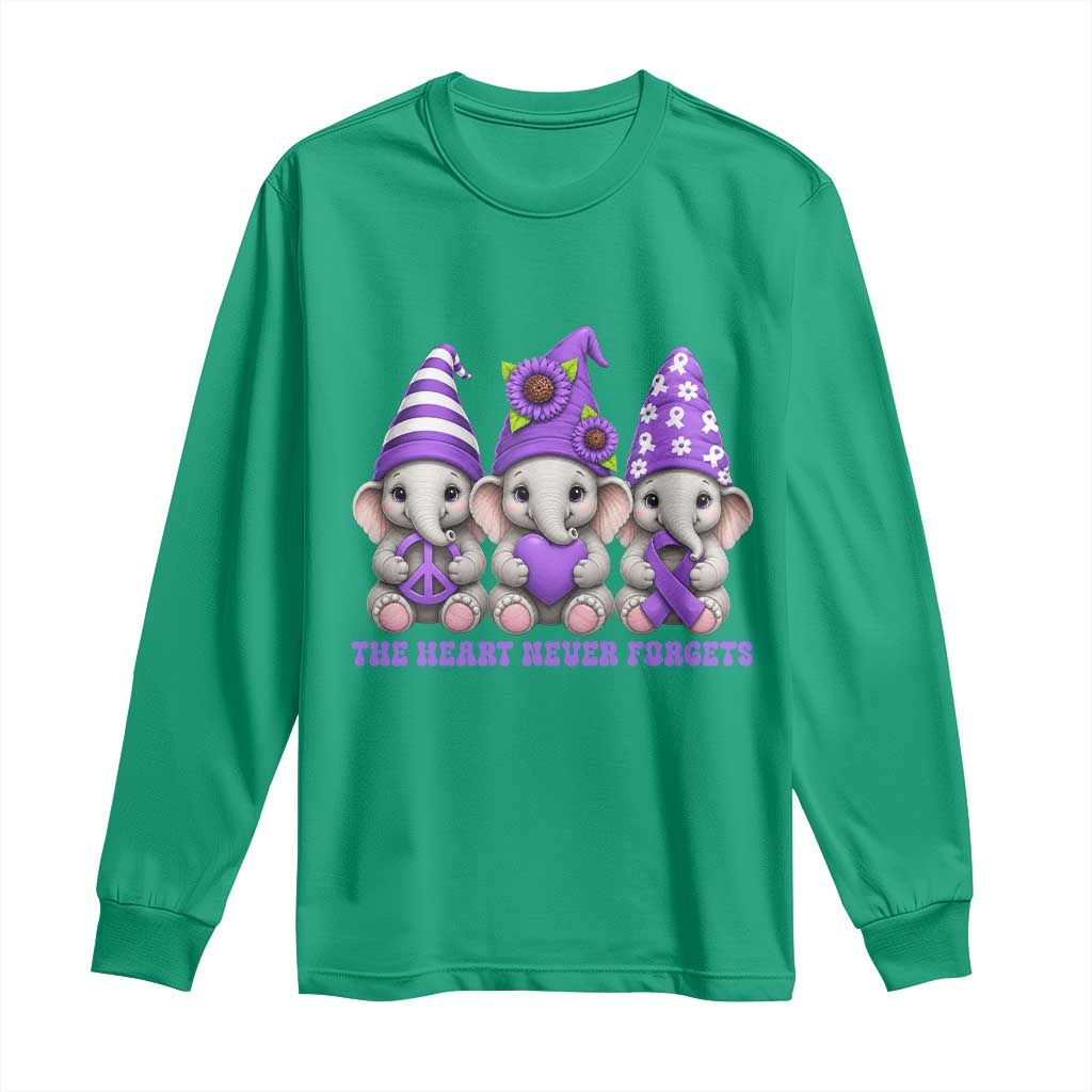 Cute Elephant Gnome Purple Ribbon Alzheimer's Support Long Sleeve Shirt The Heart Never Forgets