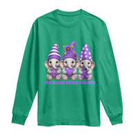 Cute Elephant Gnome Purple Ribbon Alzheimer's Support Long Sleeve Shirt The Heart Never Forgets