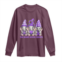 Cute Elephant Gnome Purple Ribbon Alzheimer's Support Long Sleeve Shirt The Heart Never Forgets
