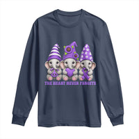 Cute Elephant Gnome Purple Ribbon Alzheimer's Support Long Sleeve Shirt The Heart Never Forgets