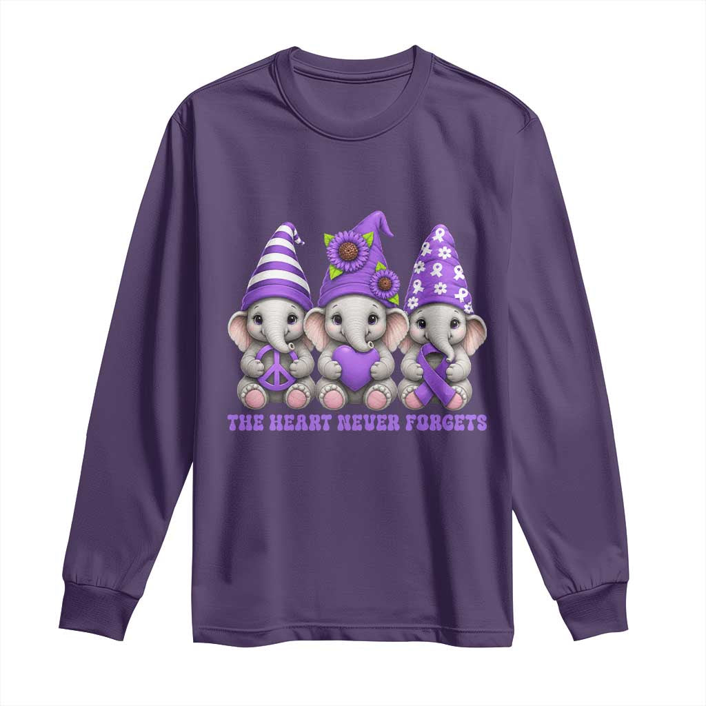 Cute Elephant Gnome Purple Ribbon Alzheimer's Support Long Sleeve Shirt The Heart Never Forgets