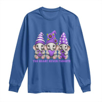 Cute Elephant Gnome Purple Ribbon Alzheimer's Support Long Sleeve Shirt The Heart Never Forgets