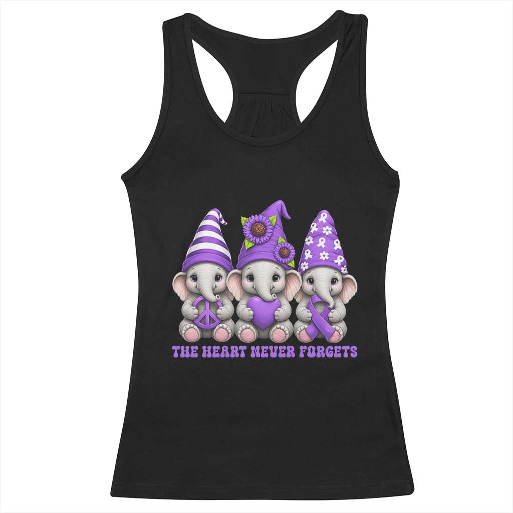 Cute Elephant Gnome Purple Ribbon Alzheimer's Support Racerback Tank Top The Heart Never Forgets