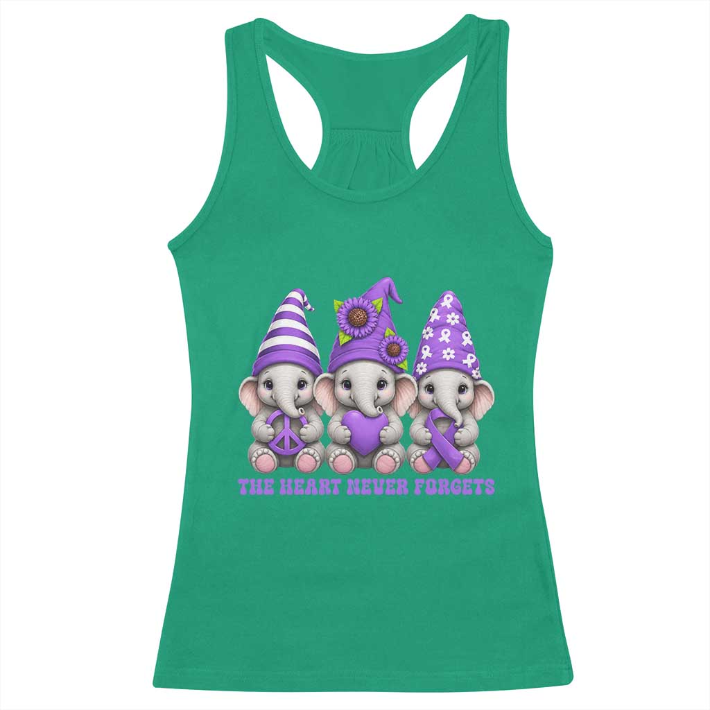 Cute Elephant Gnome Purple Ribbon Alzheimer's Support Racerback Tank Top The Heart Never Forgets
